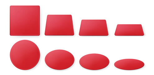 Red paper coasters for beer mug. Vector realistic mockup of blank square and round beermat in top view. Bierdeckel for cup or cardboard mat different shapes and angles isolated on white background.