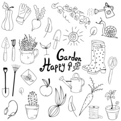 Vector set with hand-drawn isolated doodles on the theme of the garden, garden tools, agriculture, inventory, harvest. Gardening symbols on a white background. Sketches for use in design