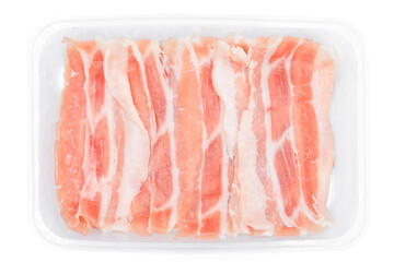 fresh Sliced raw pork ids isolated in plastic box on white clear background. Clipping Paths.