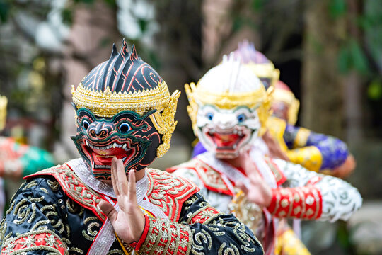 The performance of Thai traditional drama story Khon epic, Ramakien or Ramayana with Hanuman (white monkey) and others.