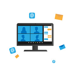 Computer screen with icons, online communication, video communication, chatting in flat style.