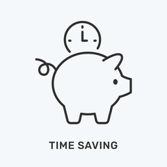 Time saving line icon. Vector illustration of piggy and clock. Black outline pictogram for personal management