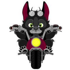 Fototapeta premium A little demonic kitten biker. Pet on a motorcycle vector illustration.