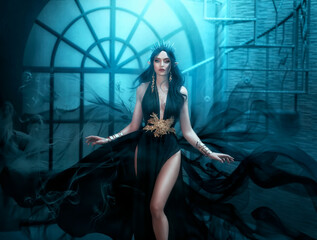 Fototapeta premium Fairy woman elf queen in black fantasy sexy dress, dark magic smoke flutter waving flowing around witch. Black long hair fly in wind. Princess girl, sharp ears, gothic crown. Background old style room