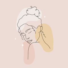 Poster with abstract woman face. Minimalist female portrait on colored spots. Hand drawn outline female silhouette. Vector illustration in one line drawing style. Beauty fashion design.