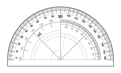 Protractor isolated on white background. Vector template of an instrument for measuring the magnitude of angles. Degree measuring scale. - obrazy, fototapety, plakaty