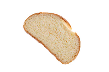 Slice of white bread isolated on white background, long loaf. Single object from above, top view.