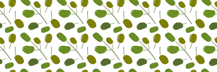 Vector green olive pattern seamless. Olives branch drawings for Italian Extra Virgin Olive Oil. Greek wallpaper. Rural food label, rustic decor. Vegan handmade soap. Vegetarian cosmetic background.