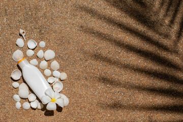 top view of a white bottle with a place for text, seashells and the shadow of a palm tree branch....