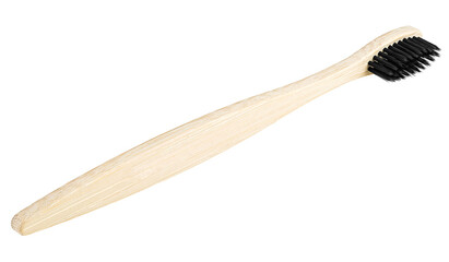 Bamboo toothbrush isolated on a white background. Toothbrush with black brush bristles. Organic, biodegradable toothbrush.
