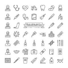 Health Care and Medical Line icon Collection. Outline symbols for medicine, pharmamaceutics, medical equipment and illnesses.