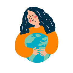 Vector illustration of young woman hugs earth globe in cartoon flat style. The concept of protecting the planet, saving ecology and the environment