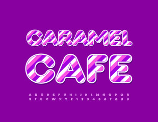 Vector cute logo Caramel Cafe. Purple Line Font. Alphabet Letters and Numbers set for Children