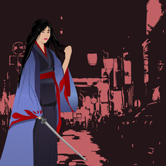 Vector illustration with asian warrior woman. Woman in kimono with katana sword.