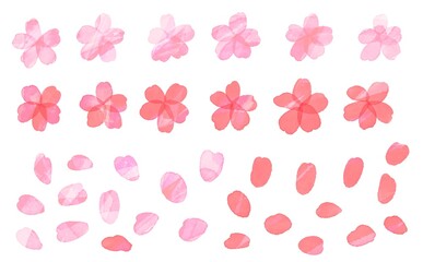 水彩画。水彩画風アナログ加工の舞う桜と花びらイラストセット。Watercolor painting. A set of illustrations of dancing cherry blossoms and petals in watercolor style analog processing.