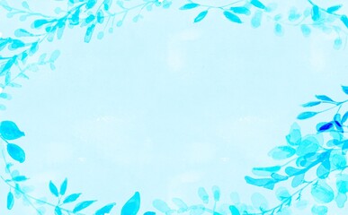 水彩画。水彩画で描いた草木の装飾フレーム。緑のハーブの草木フレーム。Watercolor painting. Decorative frame of plants and trees painted with watercolors. Green herb herbaceous frame.