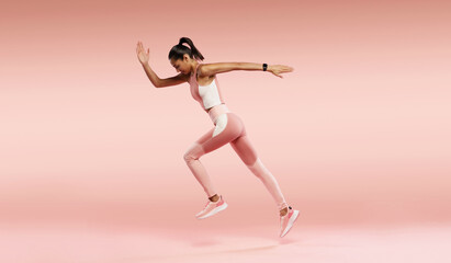 Full length photo of lady jump high up training marathon finish line wear sports suit isolated pink color background