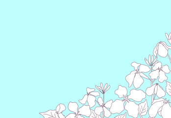Naklejka premium 春の草花が咲いている風景 線画と水色背景のおしゃれなポストカード