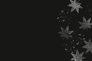 黒背景に銀色のもみじの葉の柄とスプラッシュ　和風ダークテンプレート　秋　植物　ヴィンテージ