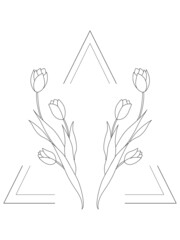 Floral Wreath branch in hand drawn style. Floral triangle black and white frame of twigs, leaves and flowers. Frames for the Valentine's day, wedding decor, logo and identity template.
