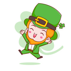 Cartoon illustration of cute Leprechaun chibi character. Happy Saint Patrick day
