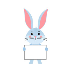 Cute cartoon rabbit or hare. The rabbit is holding an empty piece of paper in his hands. Printing on children's T-shirts, greeting cards, posters. Hand-drawn vector stock illustration isolated on a wh