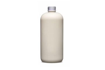 Beige bottle with metal aluminum cap isolated on white background. Cosmetic bottle with dispenser...