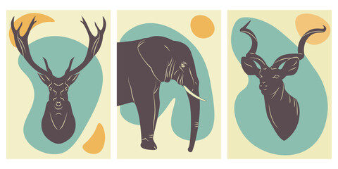 set; poster; print; wild; animal; deer; elephant; kudu; horn; fauna; forest; banner; decor; interior; wall; house; room; frame; simple; abstract; shape; hunting; hotel; 