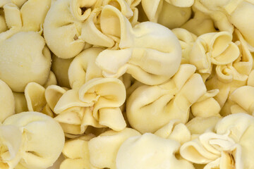 Uncooked frozen meat dumplings original shape, fragment close-up