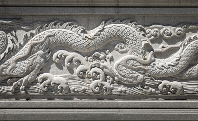 Bangkok, Thailand - Feb 19, 2022 : Elaborate sculptured white chinese dragons on concrete wall of Fo Guang San Temple. Taiwanese temple-style, Selective focus.