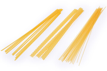 Uncooked long pasta different varieties on a white background