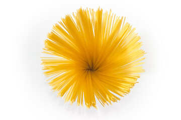 Bundle of raw long pasta, top view on white background