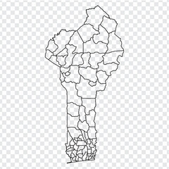 Blank map Benin. High quality map communes of Benin with provinces on transparent background for your web site design, logo, app, UI. Stock vector.  Africa. EPS10. 