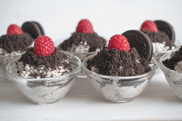 weet dessert with raspberries, mascarpone cream and cream, sprinkled with chocolate chip cookies