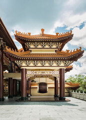 Fototapeta premium Chinese architecture pavilion with red pillars used for keep A big traditiona drum at Fo Guang San Temple. Selective focus.