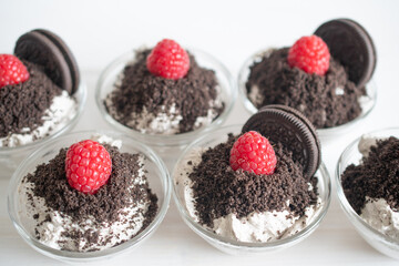 weet dessert with raspberries, mascarpone cream and cream, sprinkled with chocolate chip cookies