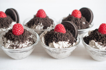 weet dessert with raspberries, mascarpone cream and cream, sprinkled with chocolate chip cookies