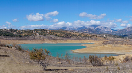 panorama view of Lake Vinuela in the backcountry mountains of Malaga Province in southern Spain