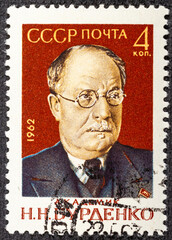 USSR - CIRCA 1962: Postage stamp printed in Soviet Union shows Portrait of Academician N.N. Burdenko 1876-1846 , Soviet Scientists and Academicians serie, circa 1962
