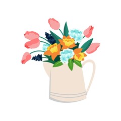 Jug of flowers, tulips and daffodils, spring bouquet of hydrangeas. Vector illustration.