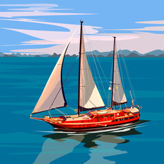 red yacht at sea - obrazy, fototapety, plakaty