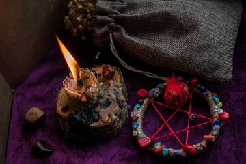 Concept of pagan magic, voodoo. Magical handmade doll .Witchcraft with a doll. 
