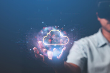 Business people show the future world of metaverse, big data cloud technology through networking applications on the internet.	