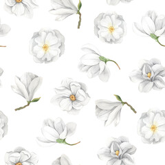 Seamless pattern with hand painted watercolor magnolia flowers