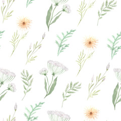 Seamless pattern with watercolor hand painted wildflowers