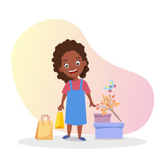 The happy girl received flowers and gifts for the holiday. The concept of spring women's holiday. Vector