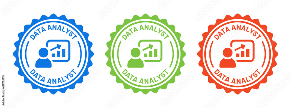Poster Data analyst icon set in colorful design. Analyst man with growth chart icon.