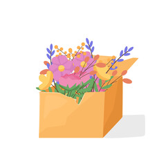 Box with flowers. Vector cartoon illustration. The concept of women's holiday.