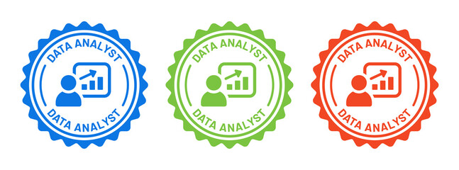 Data analyst icon set in colorful design. Analyst man with growth chart icon. - obrazy, fototapety, plakaty