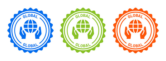 Global icon on badge design. Hand holding globe icon isolated on white background.